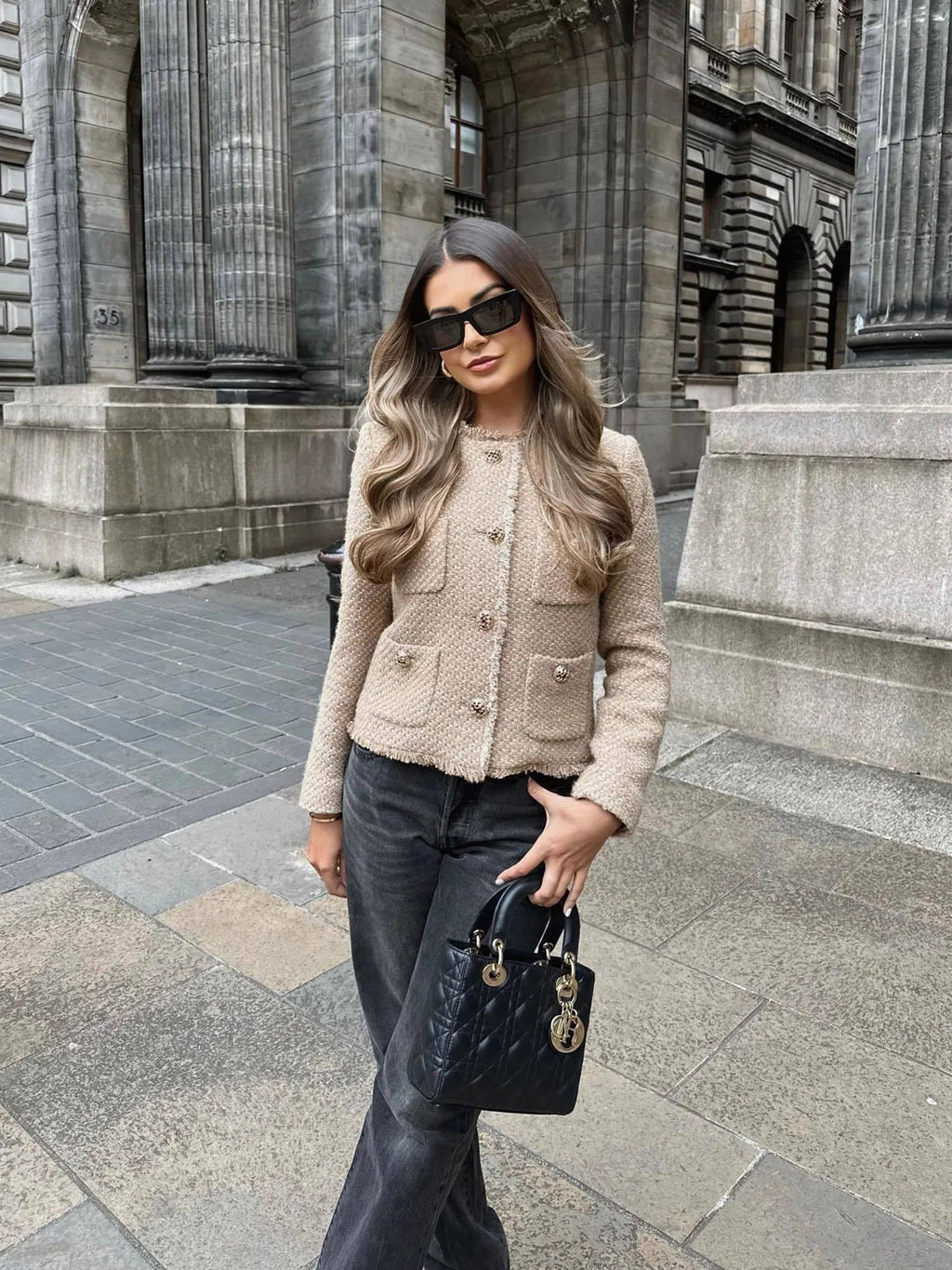 Women's Four-Pocket Cropped Tweed Collarless Coat