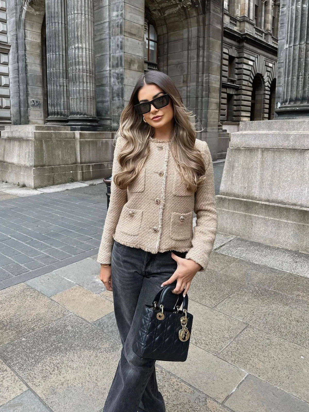 Women's Four-Pocket Cropped Tweed Collarless Coat