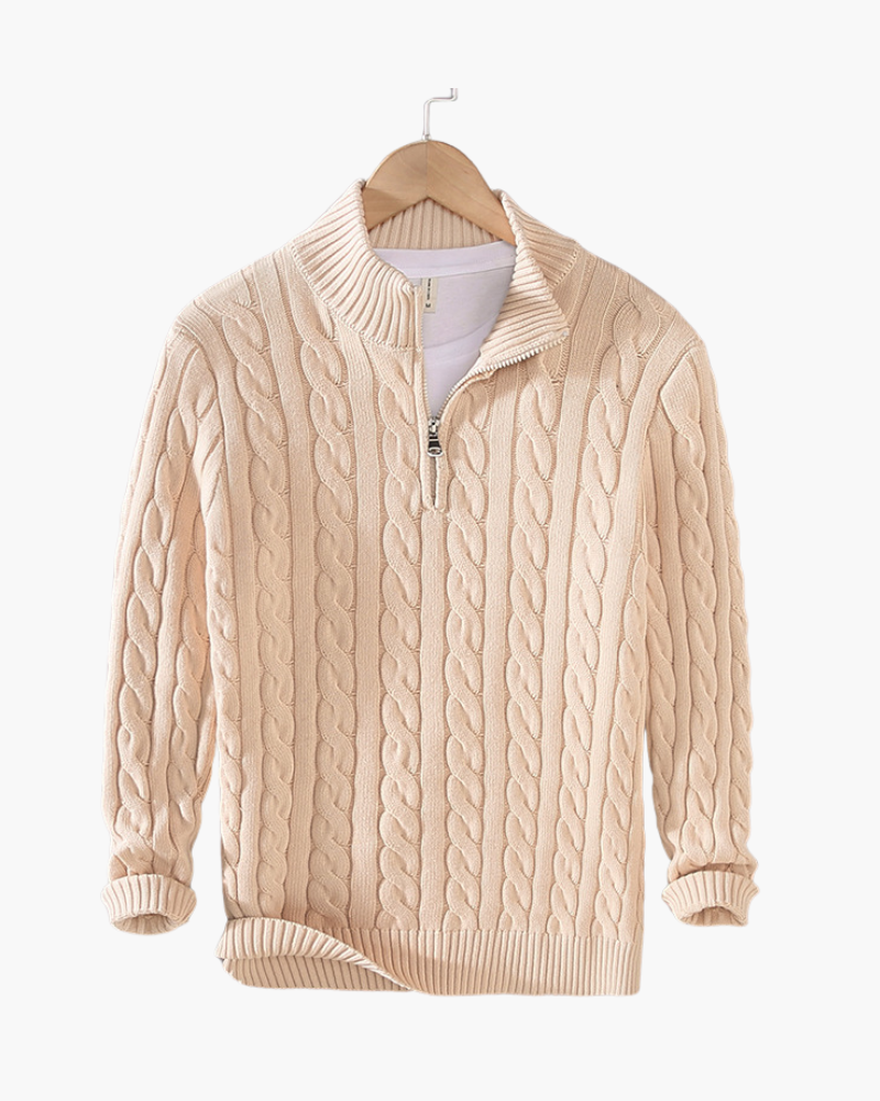 Men's Classic Cable Pattern Zip Collar Knit Pullover