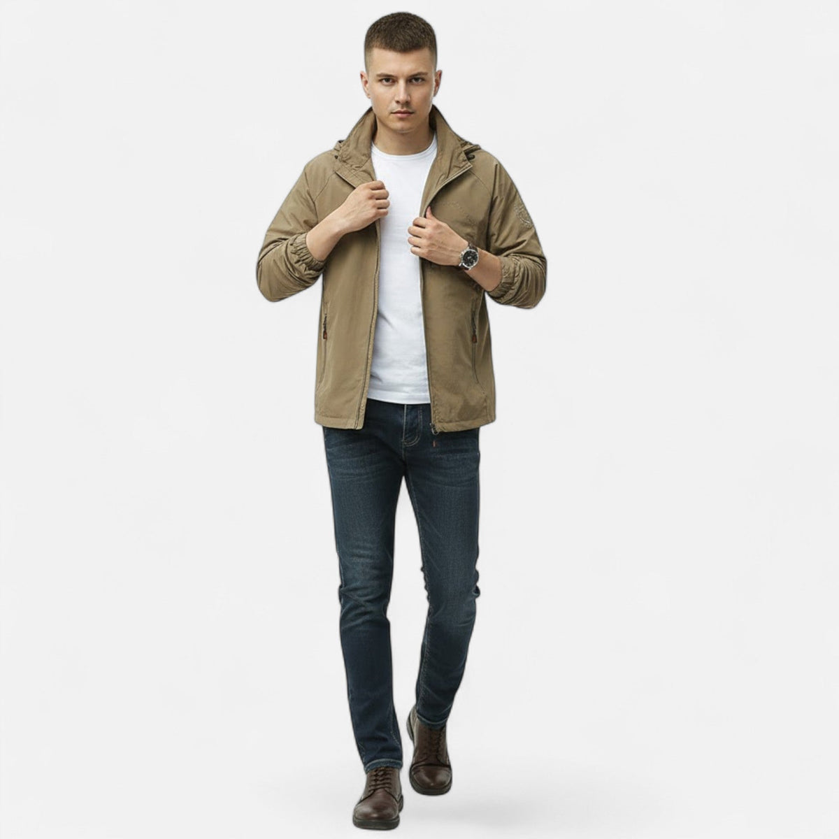 Men's Single-Tone Outdoor Coat with Stand Collar