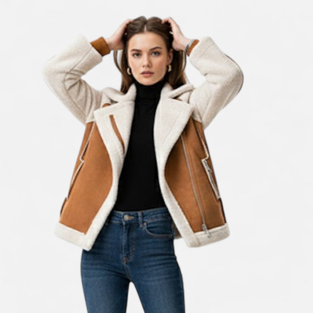 Women's Short Suede-Look Lamb Velvet Biker Jacket