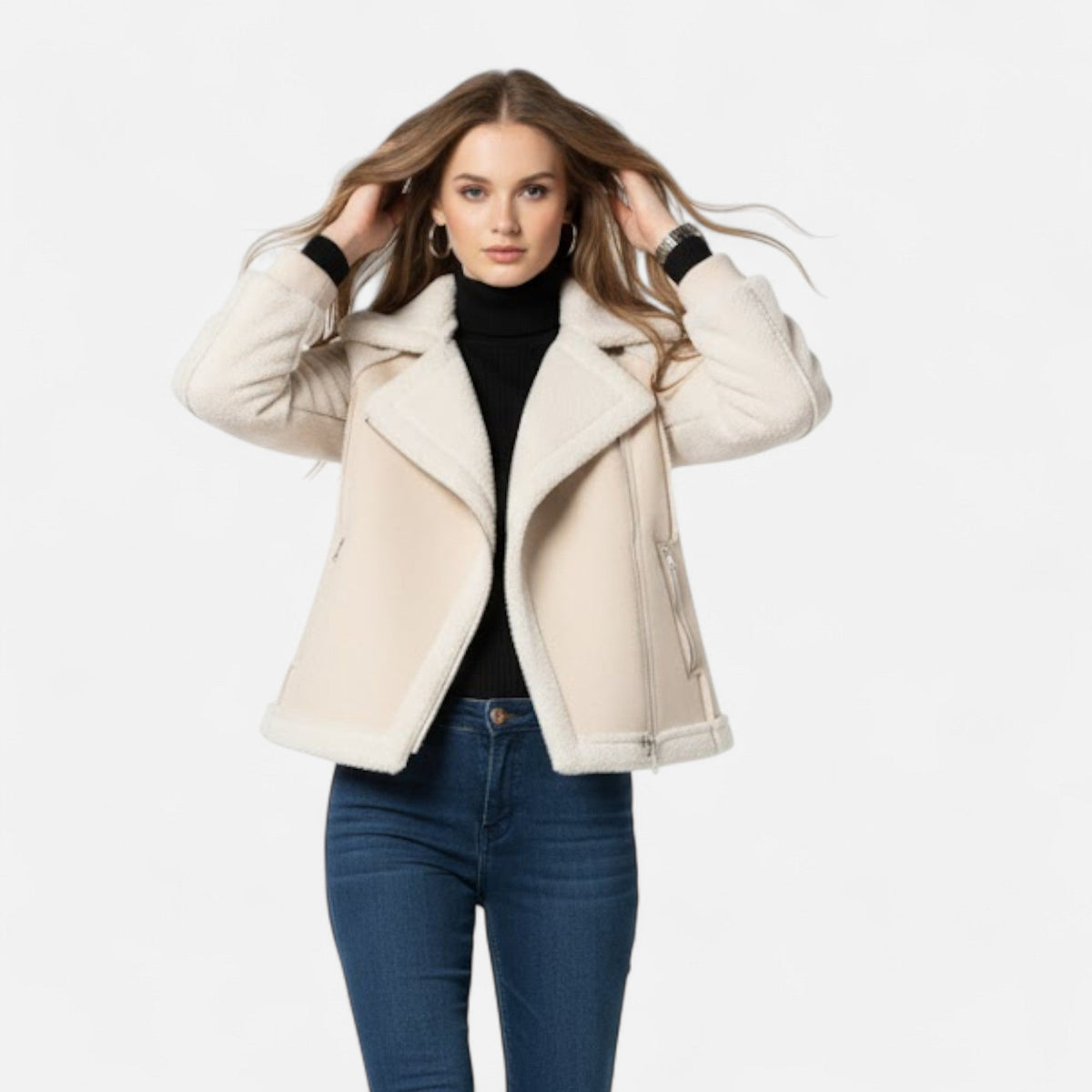 Women's Short Suede-Look Lamb Velvet Biker Jacket