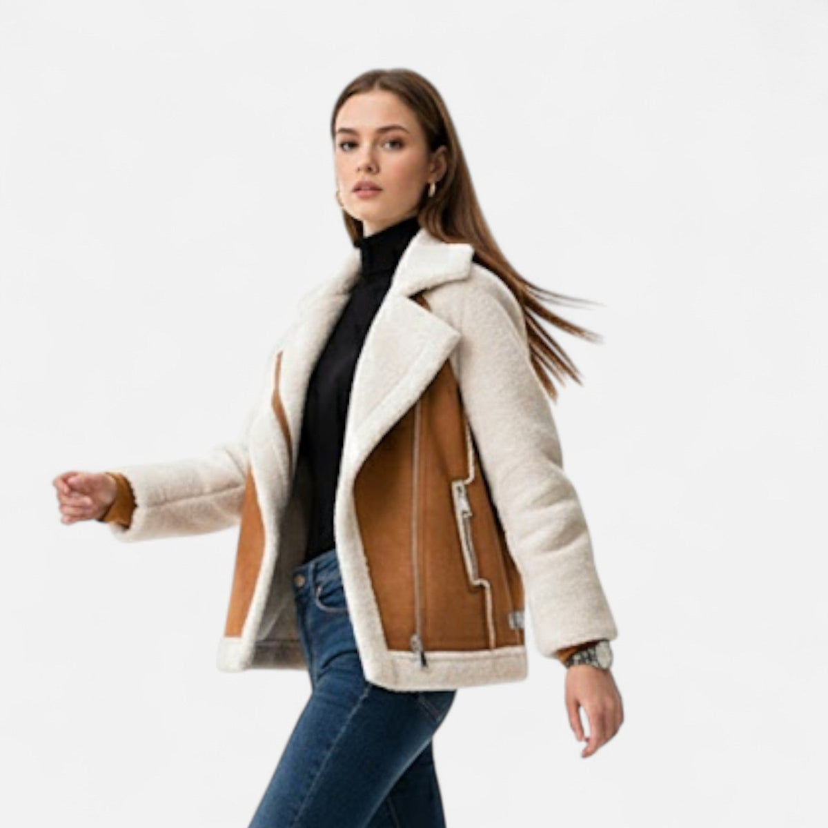 Women's Short Suede-Look Lamb Velvet Biker Jacket
