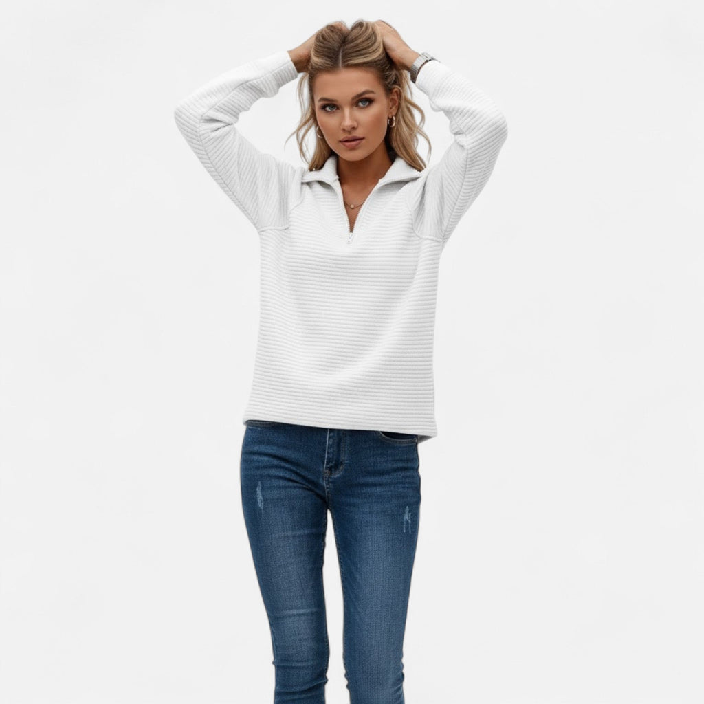 Women's Knit Pullover with Stand Collar and Hidden Zip