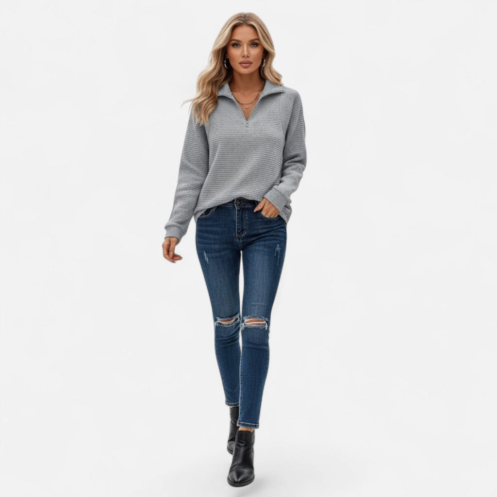 Women's Knit Pullover with Stand Collar and Hidden Zip