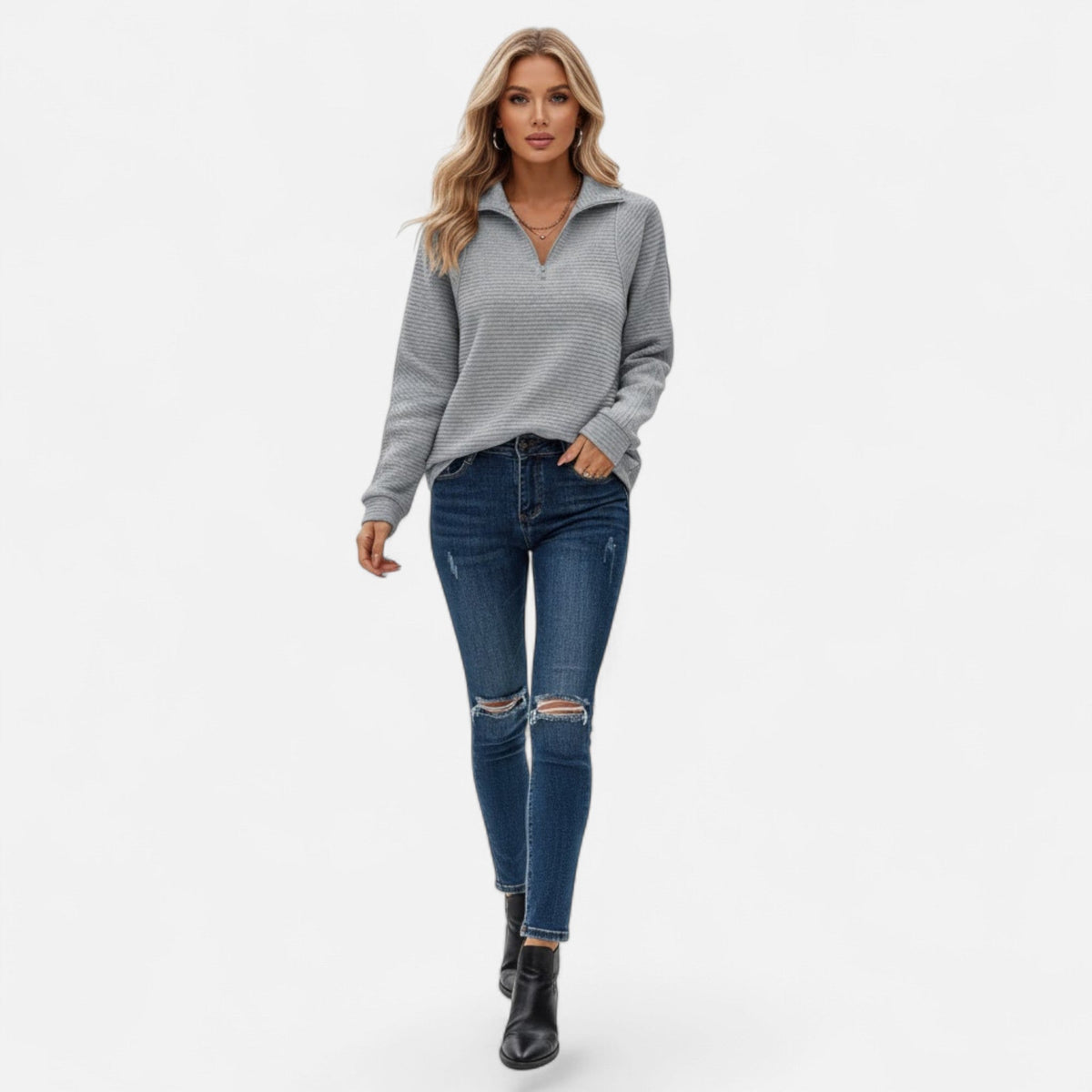 Women's Knit Pullover with Stand Collar and Hidden Zip