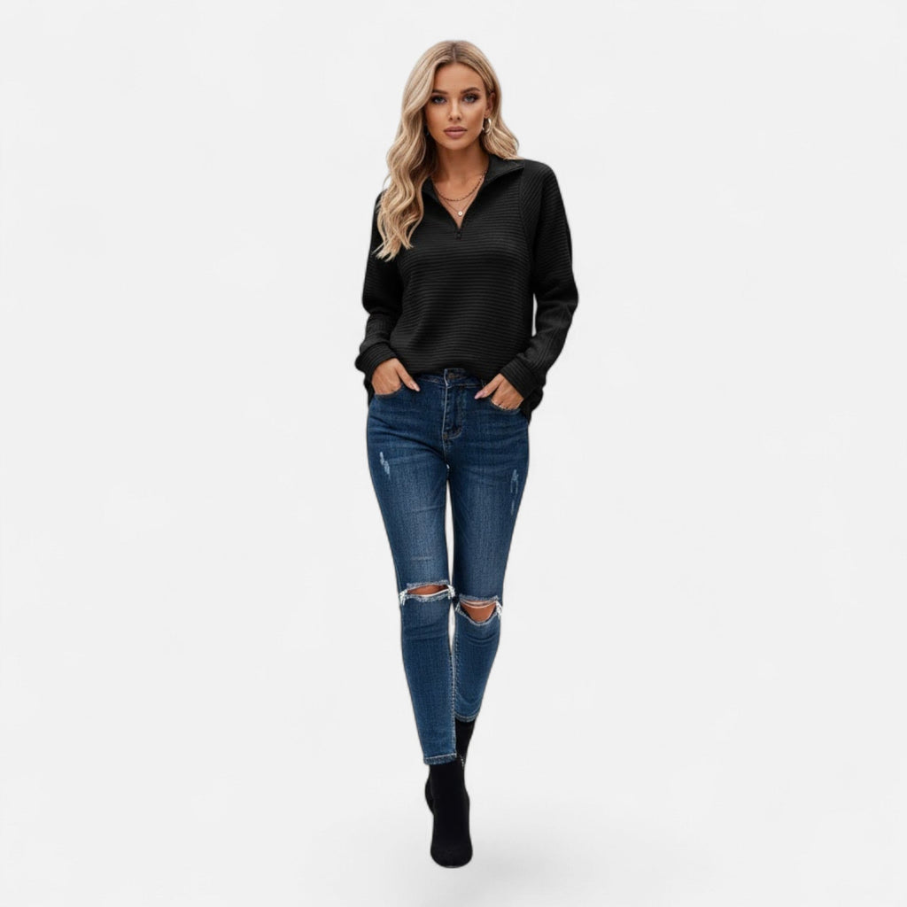 Women's Knit Pullover with Stand Collar and Hidden Zip
