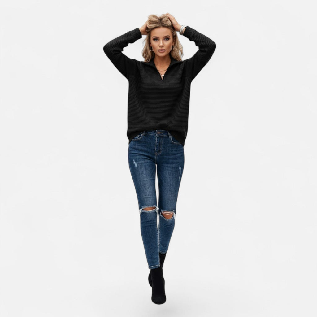 Women's Knit Pullover with Stand Collar and Hidden Zip