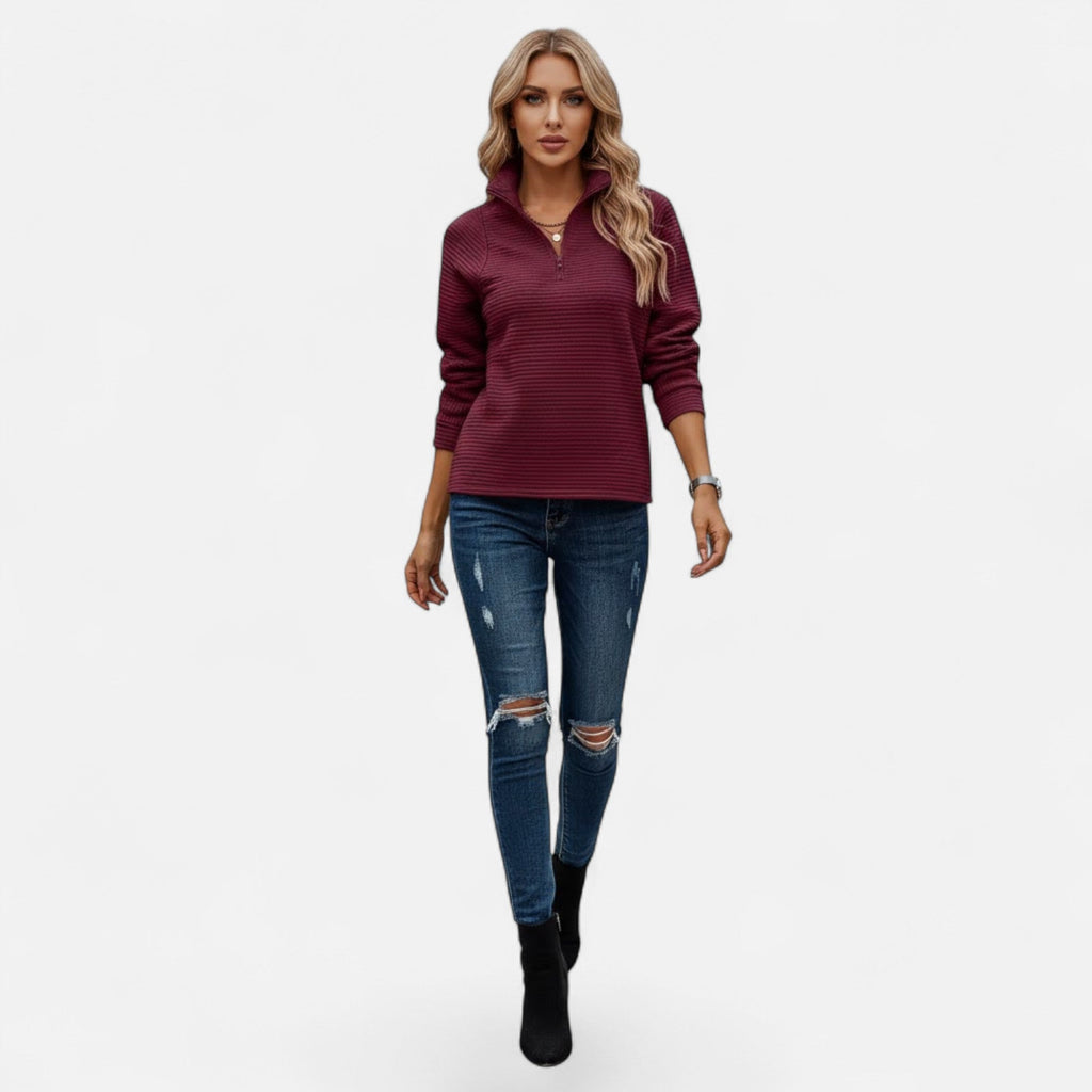 Women's Knit Pullover with Stand Collar and Hidden Zip