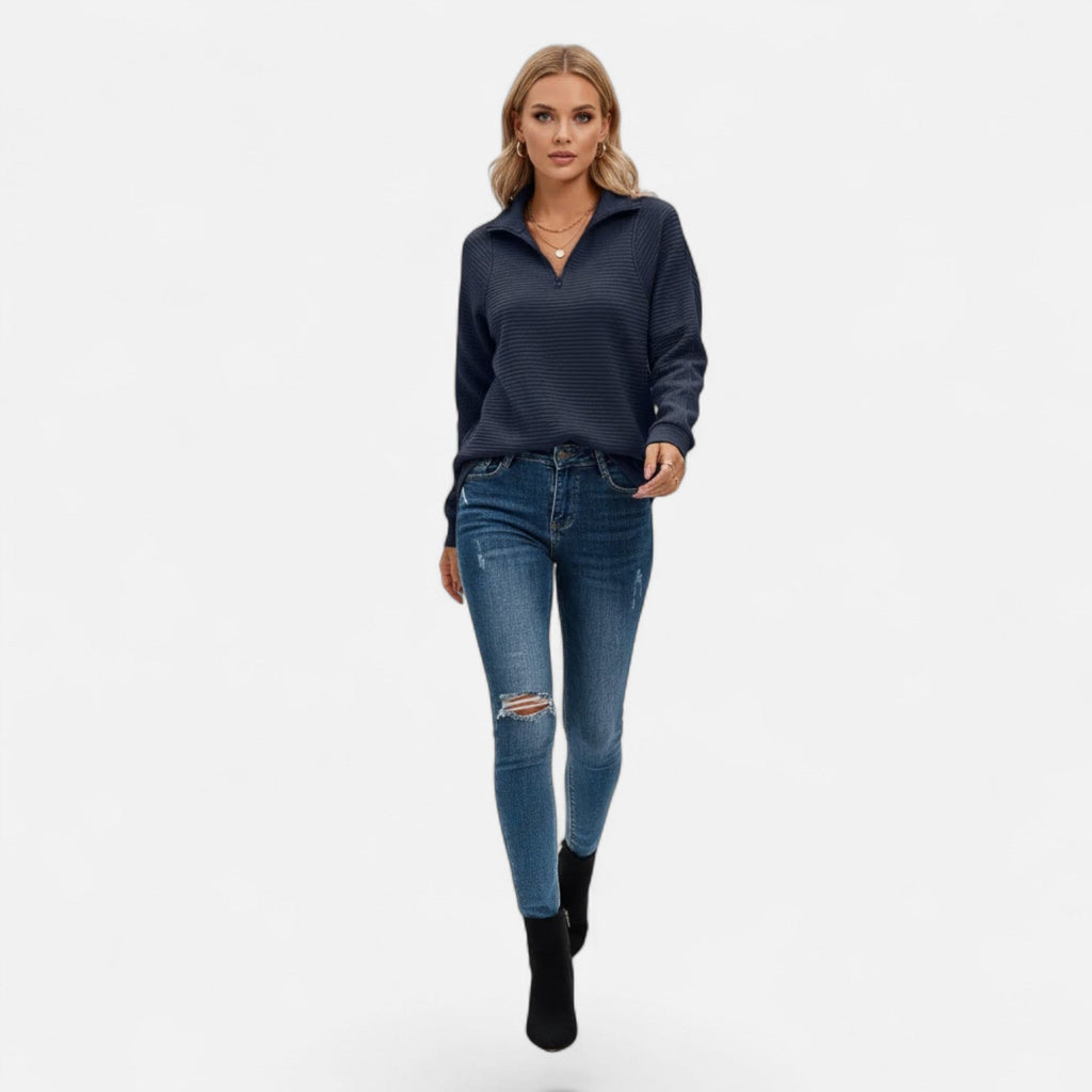Women's Knit Pullover with Stand Collar and Hidden Zip