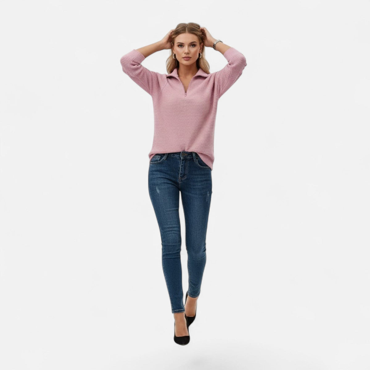 Women's Knit Pullover with Stand Collar and Hidden Zip