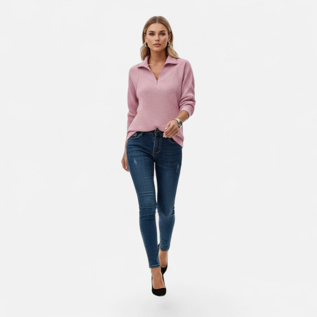 Women's Knit Pullover with Stand Collar and Hidden Zip