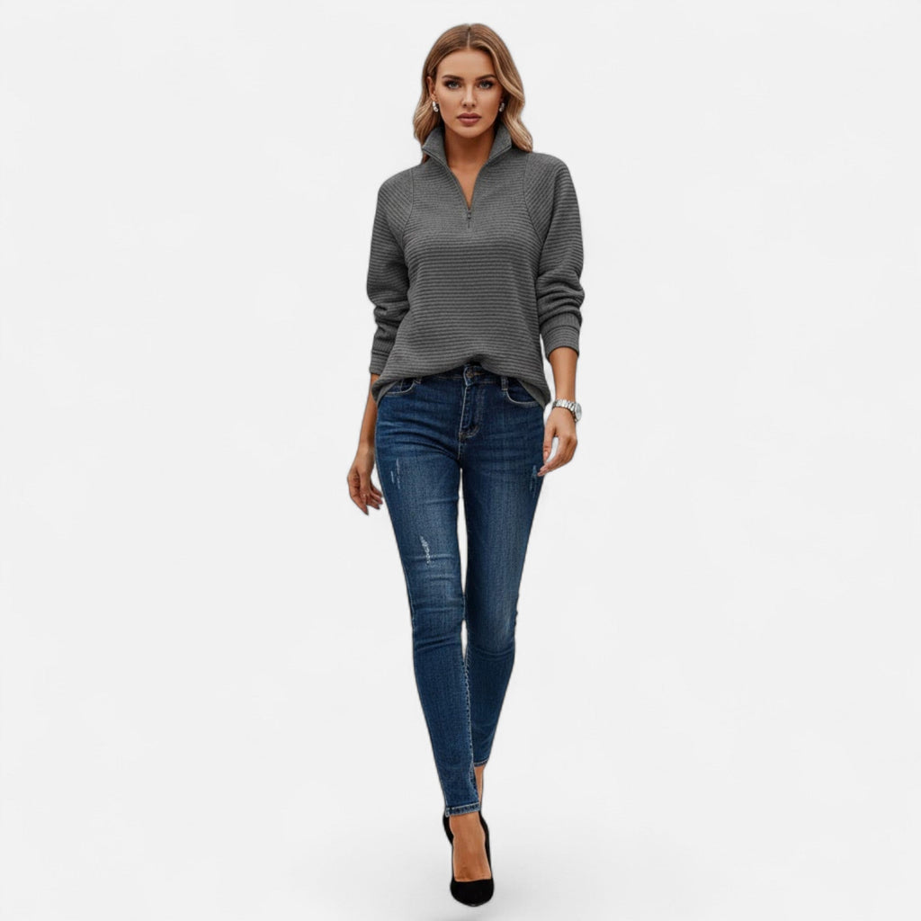 Women's Knit Pullover with Stand Collar and Hidden Zip