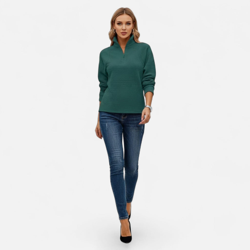 Women's Knit Pullover with Stand Collar and Hidden Zip