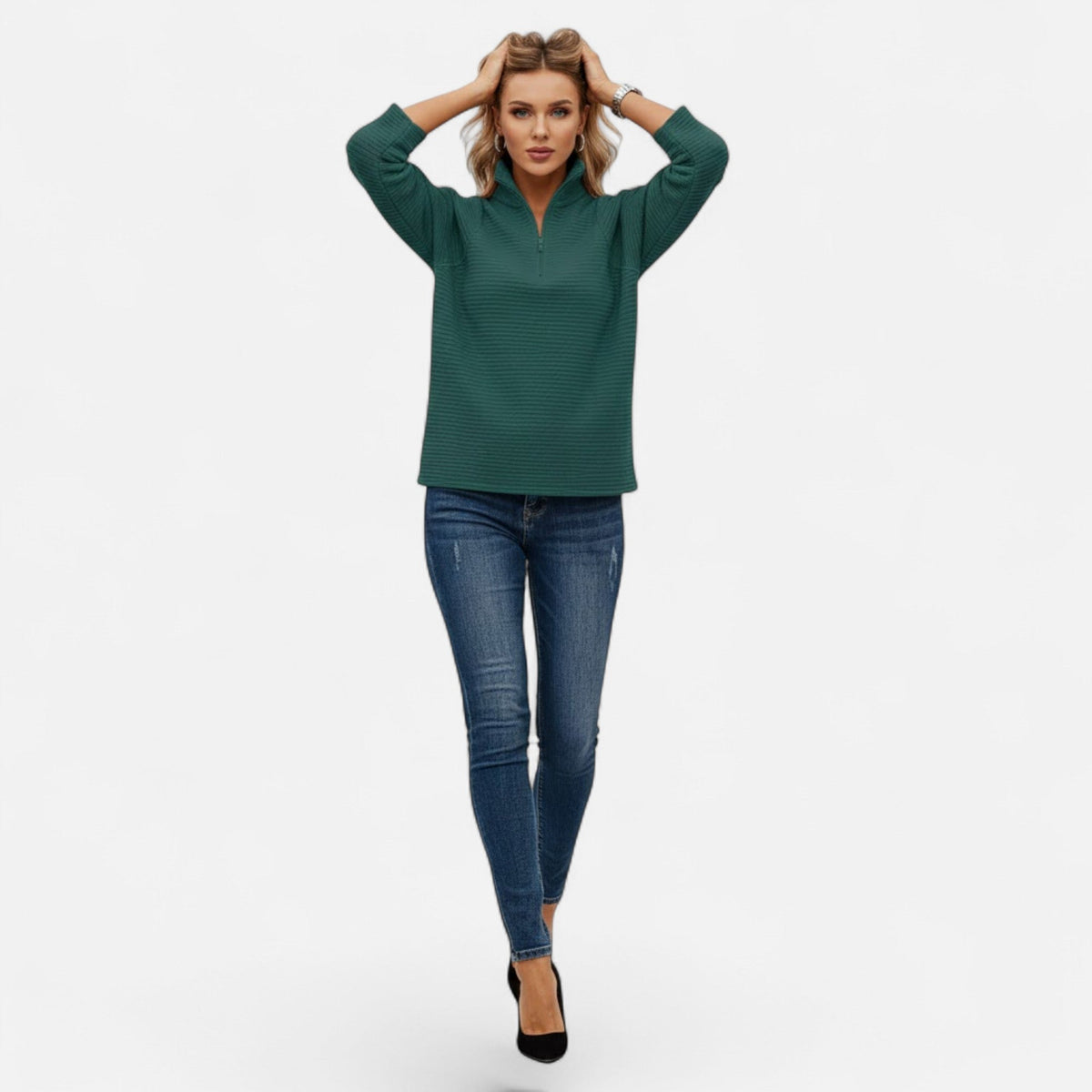 Women's Knit Pullover with Stand Collar and Hidden Zip
