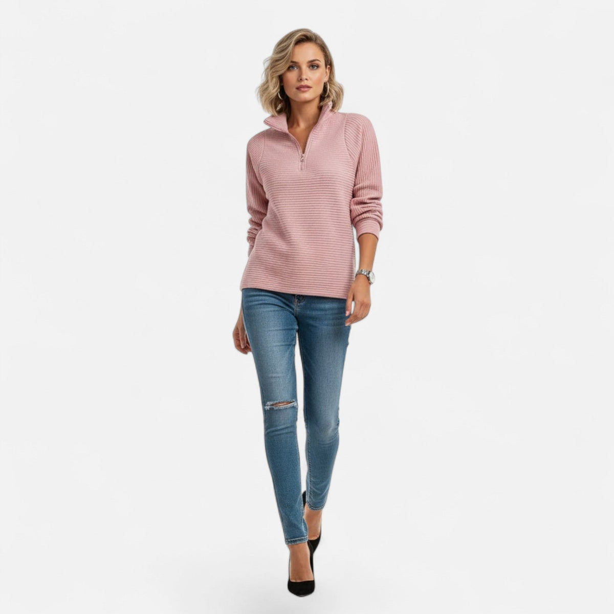 Women's Knit Pullover with Stand Collar and Hidden Zip