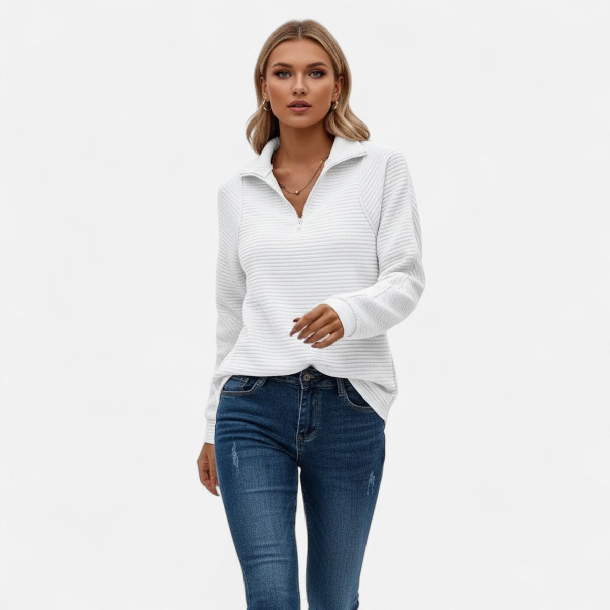 Women's Knit Pullover with Stand Collar and Hidden Zip