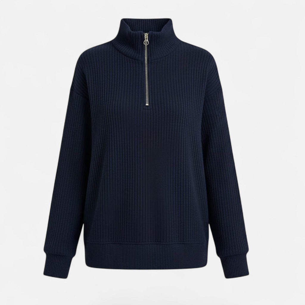 Women's Knit Pullover with Stand Collar and Hidden Zip