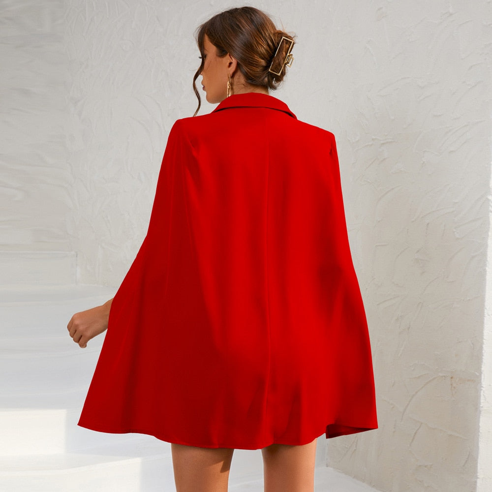 Women's Double-Breasted Cape Blazer Mini Dress with Belt