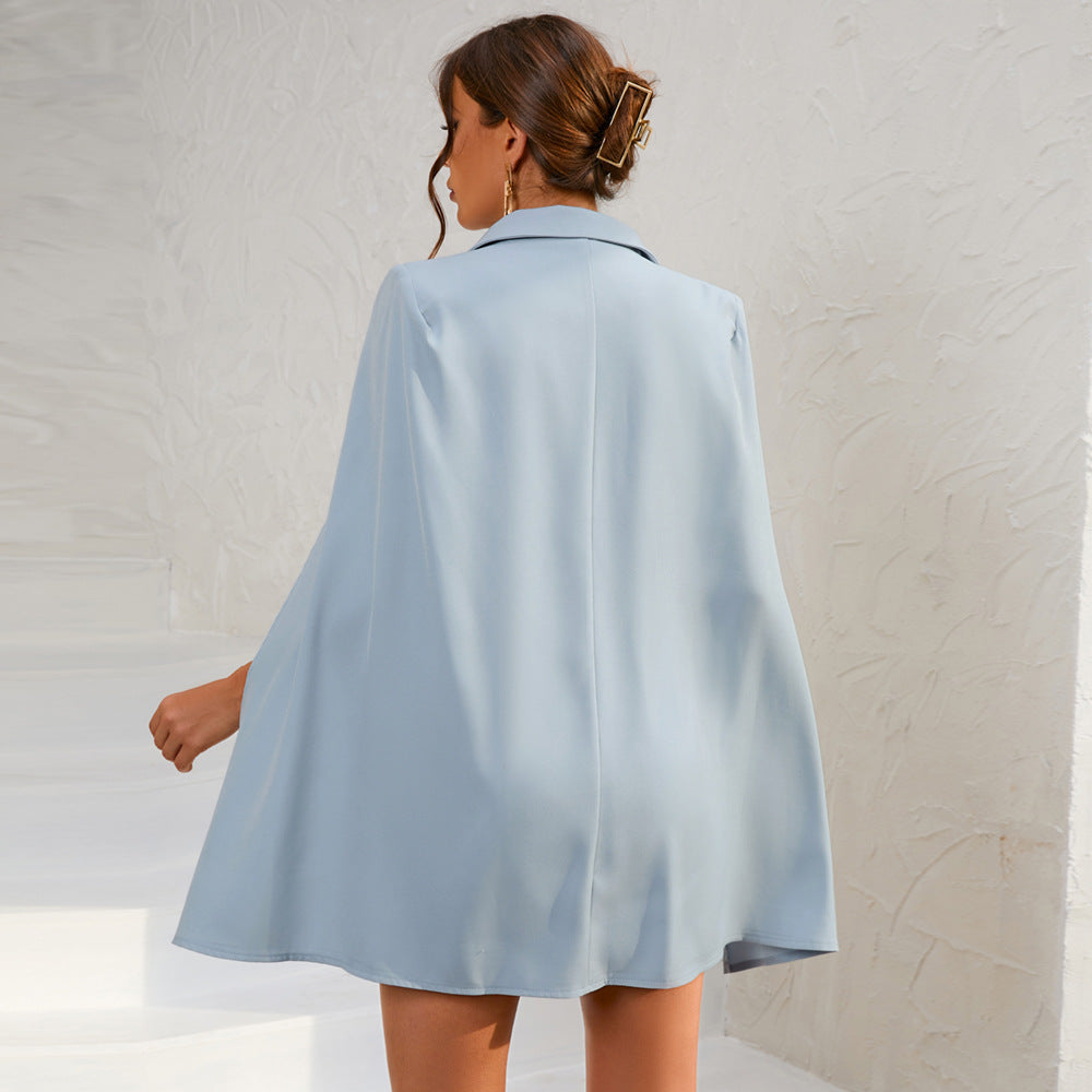 Women's Double-Breasted Cape Blazer Mini Dress with Belt