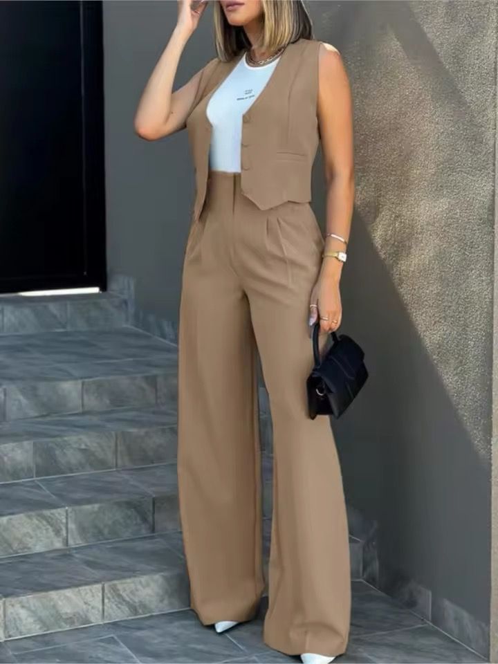 Women's Sleeveless Vest Wide Leg Pants Suit Set