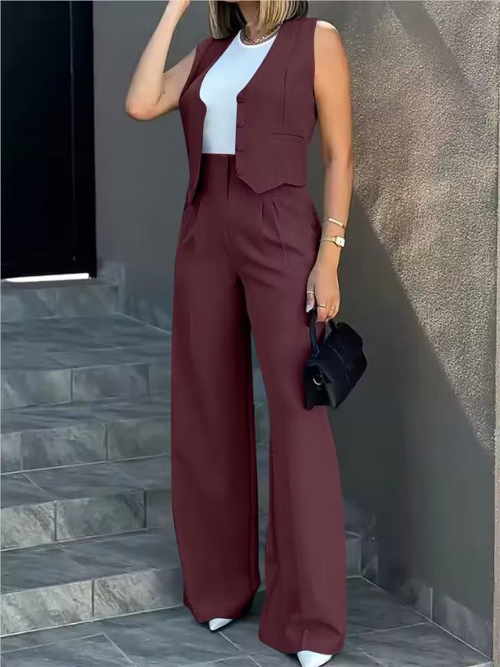 Women's Sleeveless Vest Wide Leg Pants Suit Set
