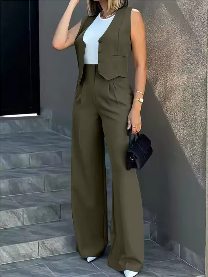Women's Sleeveless Vest Wide Leg Pants Suit Set