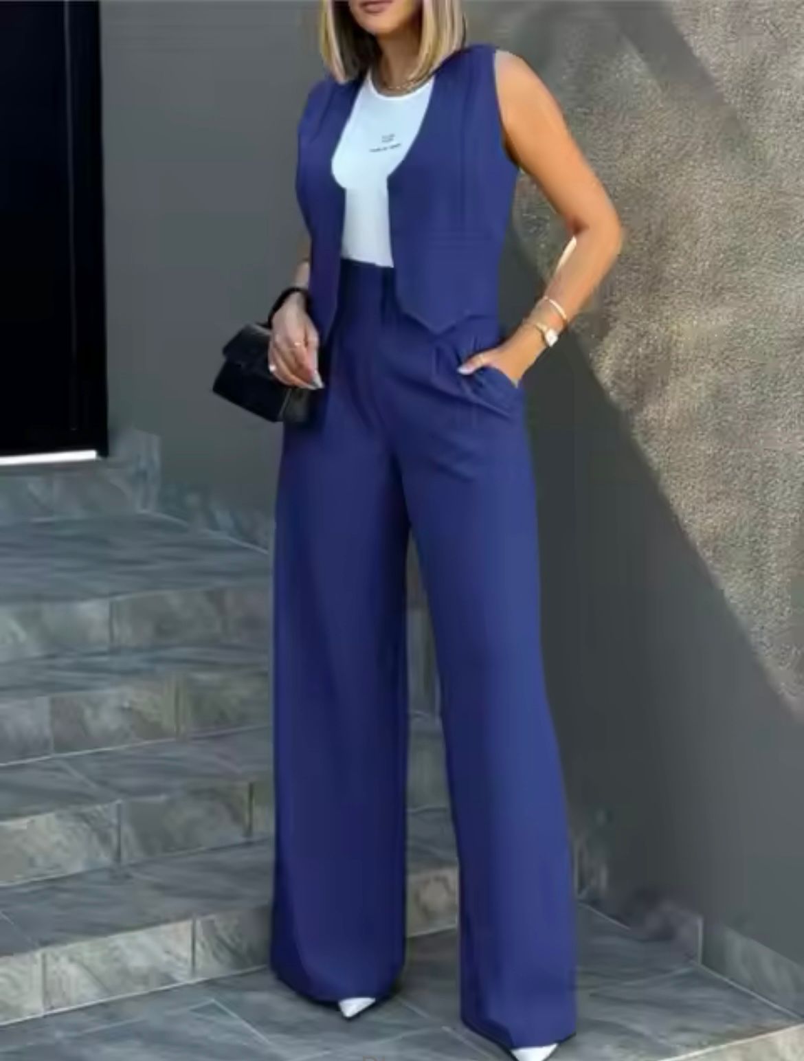Women's Sleeveless Vest Wide Leg Pants Suit Set