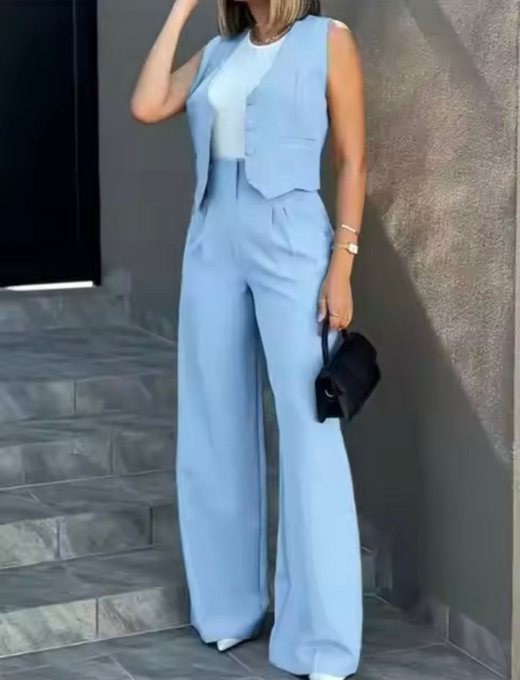 Women's Sleeveless Vest Wide Leg Pants Suit Set