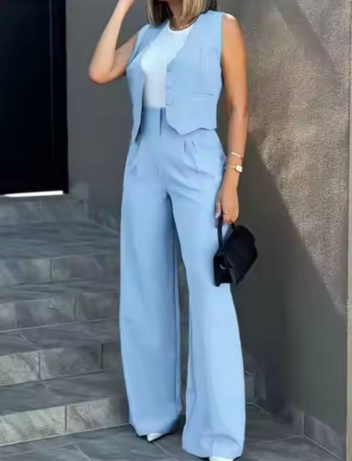 Women's Sleeveless Vest Wide Leg Pants Suit Set