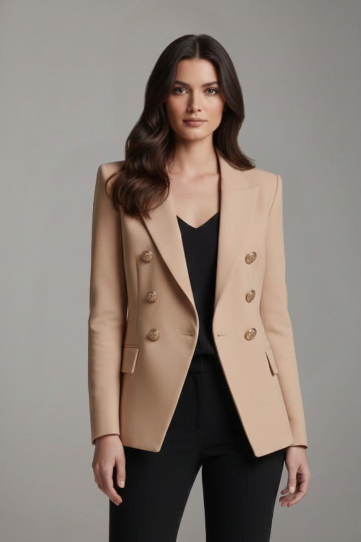 Women's Knee-Length Double-Breasted Tailored Jacket with Metal Buttons