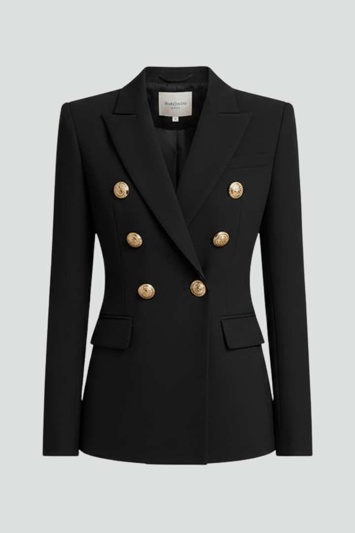Women's Knee-Length Double-Breasted Tailored Jacket with Metal Buttons