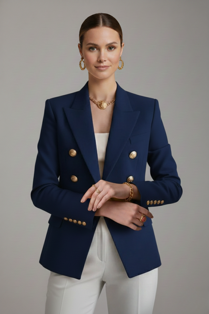 Women's Knee-Length Double-Breasted Tailored Jacket with Metal Buttons