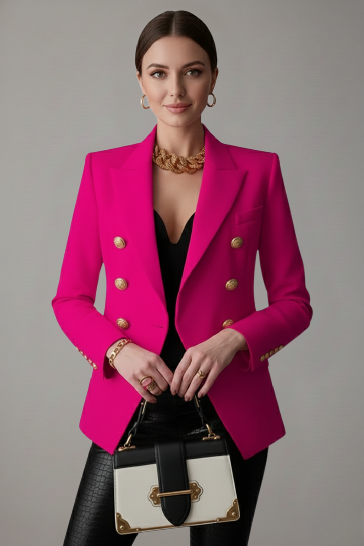 Women's Knee-Length Double-Breasted Tailored Jacket with Metal Buttons