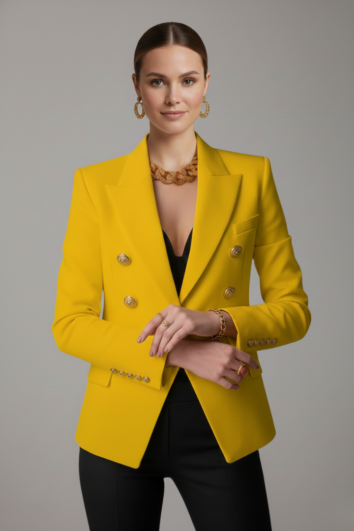 Women's Knee-Length Double-Breasted Tailored Jacket with Metal Buttons