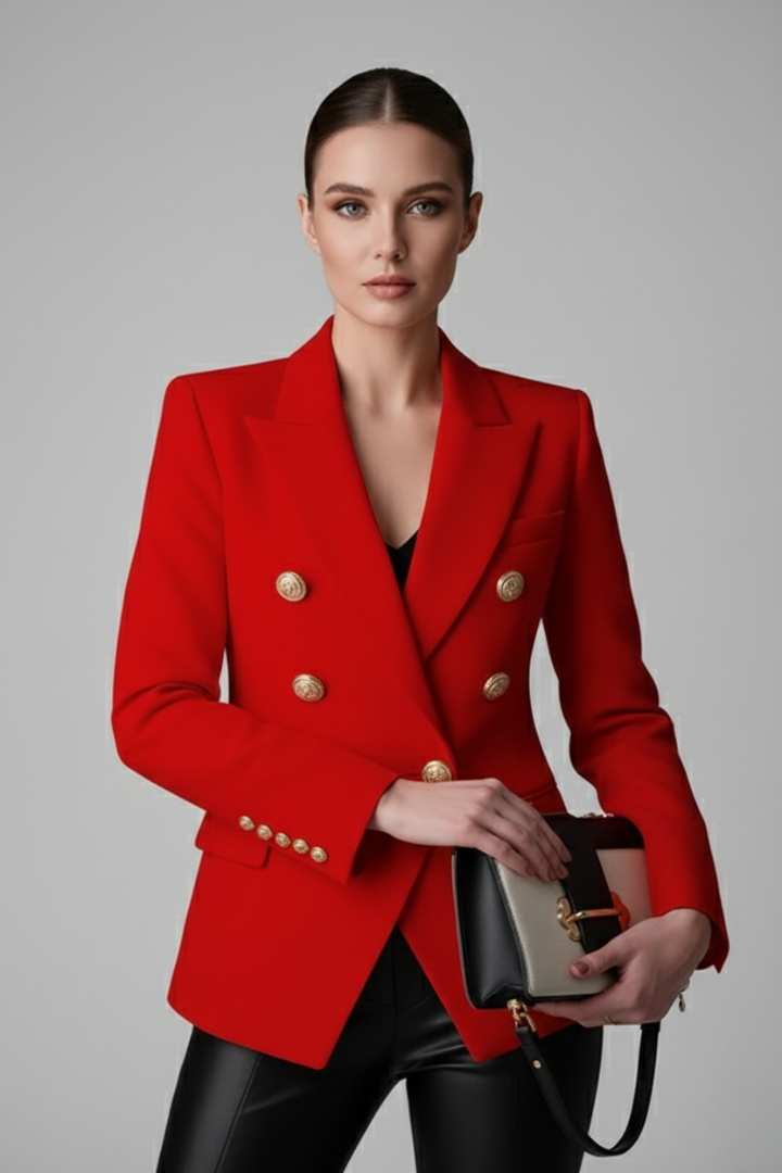Women's Knee-Length Double-Breasted Tailored Jacket with Metal Buttons