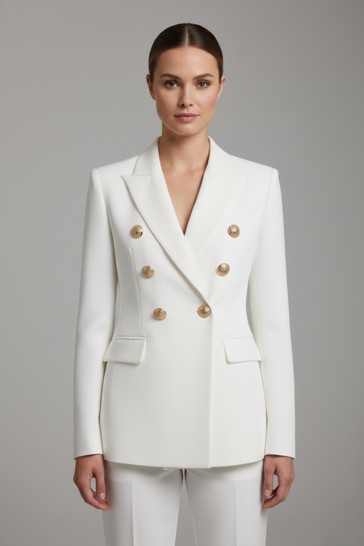Women's Knee-Length Double-Breasted Tailored Jacket with Metal Buttons