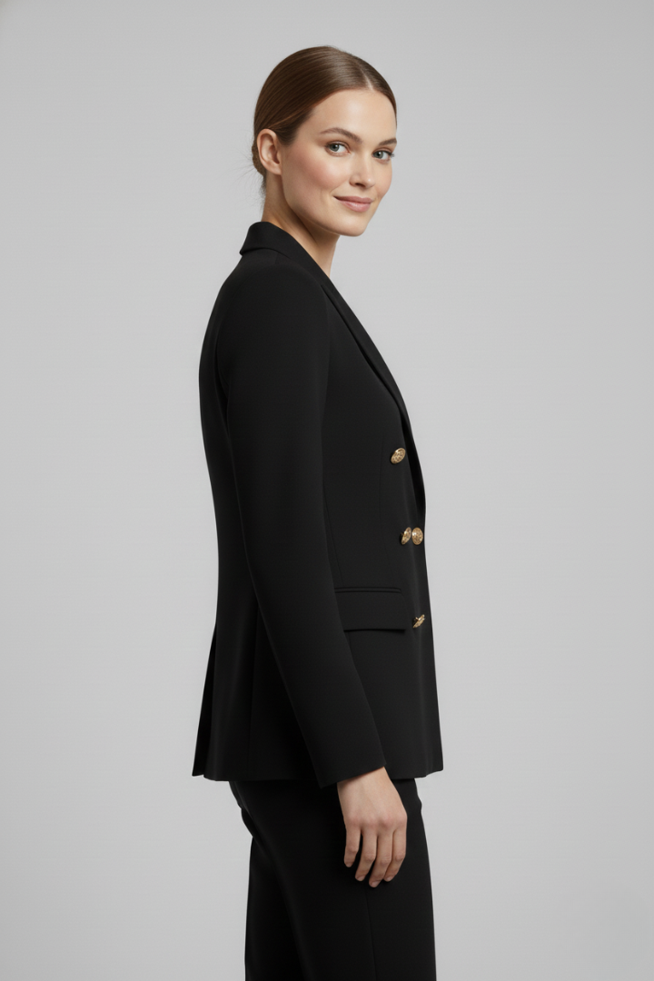 Women's Knee-Length Double-Breasted Tailored Jacket with Metal Buttons