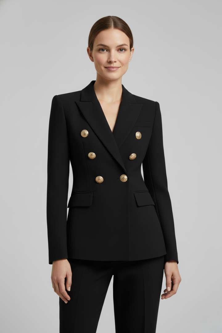Women's Knee-Length Double-Breasted Tailored Jacket with Metal Buttons