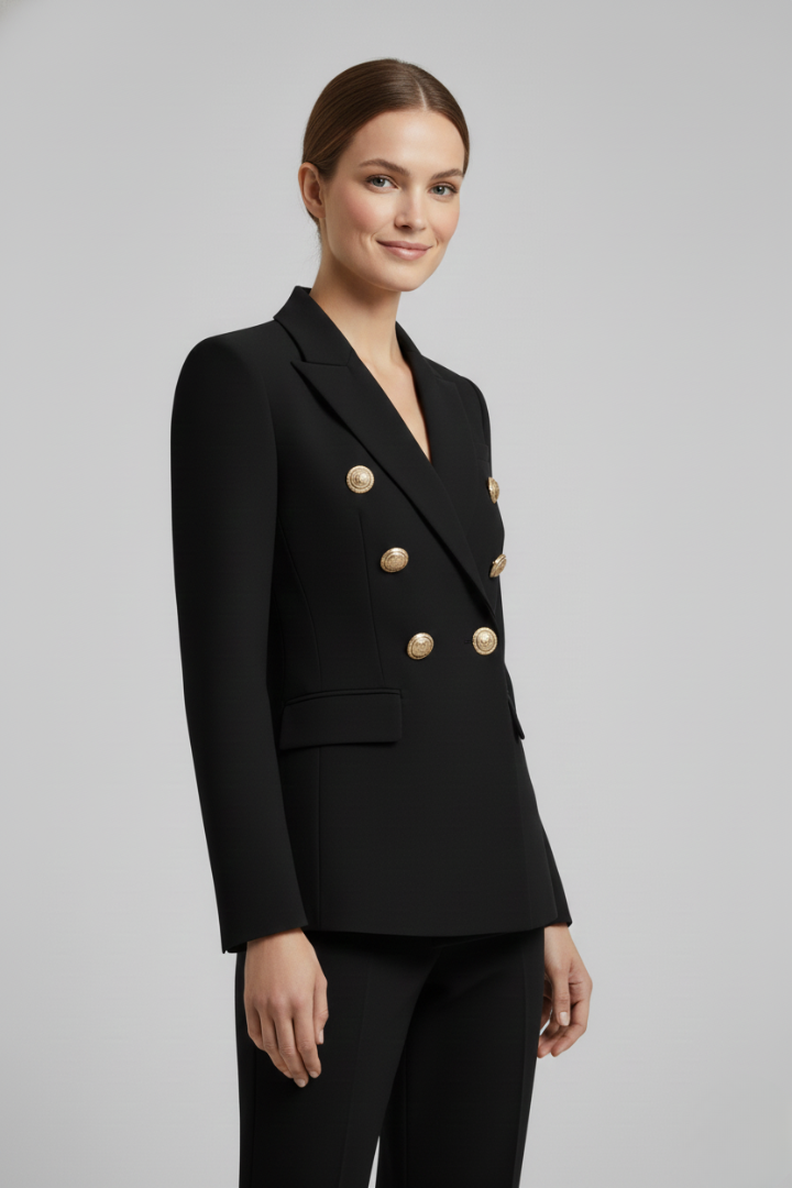 Women's Knee-Length Double-Breasted Tailored Jacket with Metal Buttons