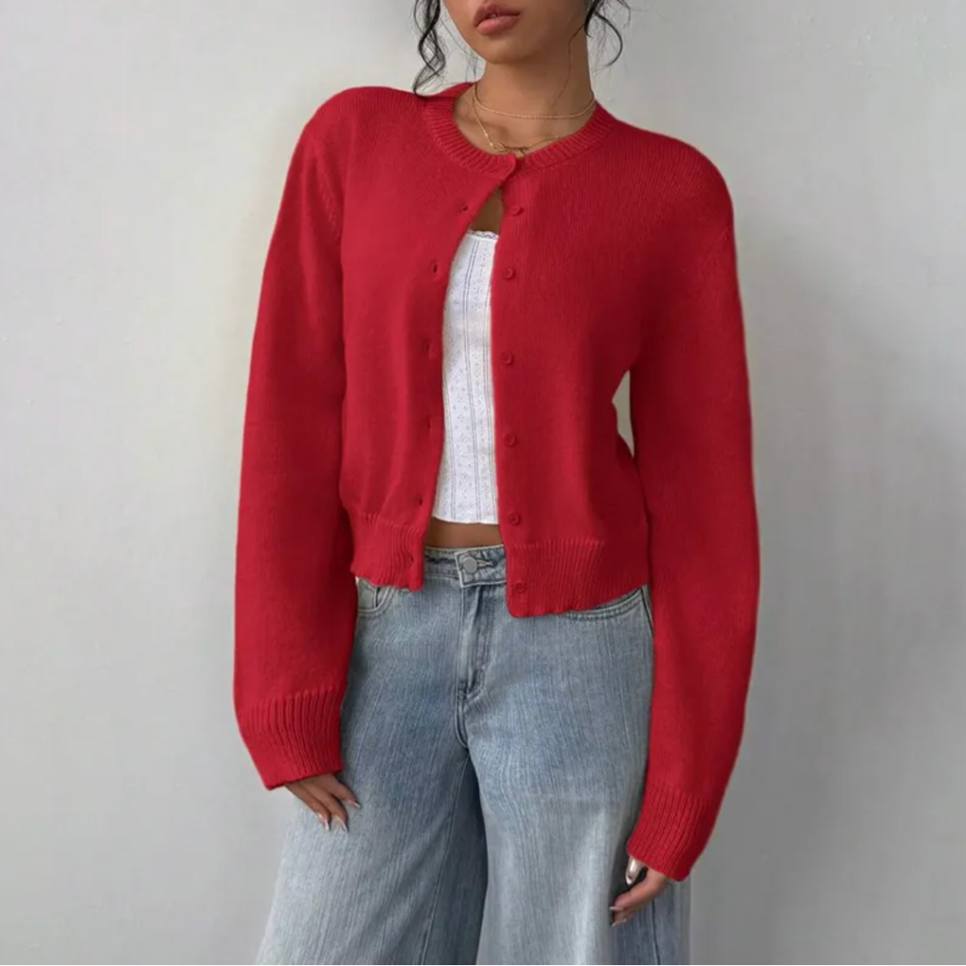 Women's Round Neck Cropped Front-Button Knit Cardigan
