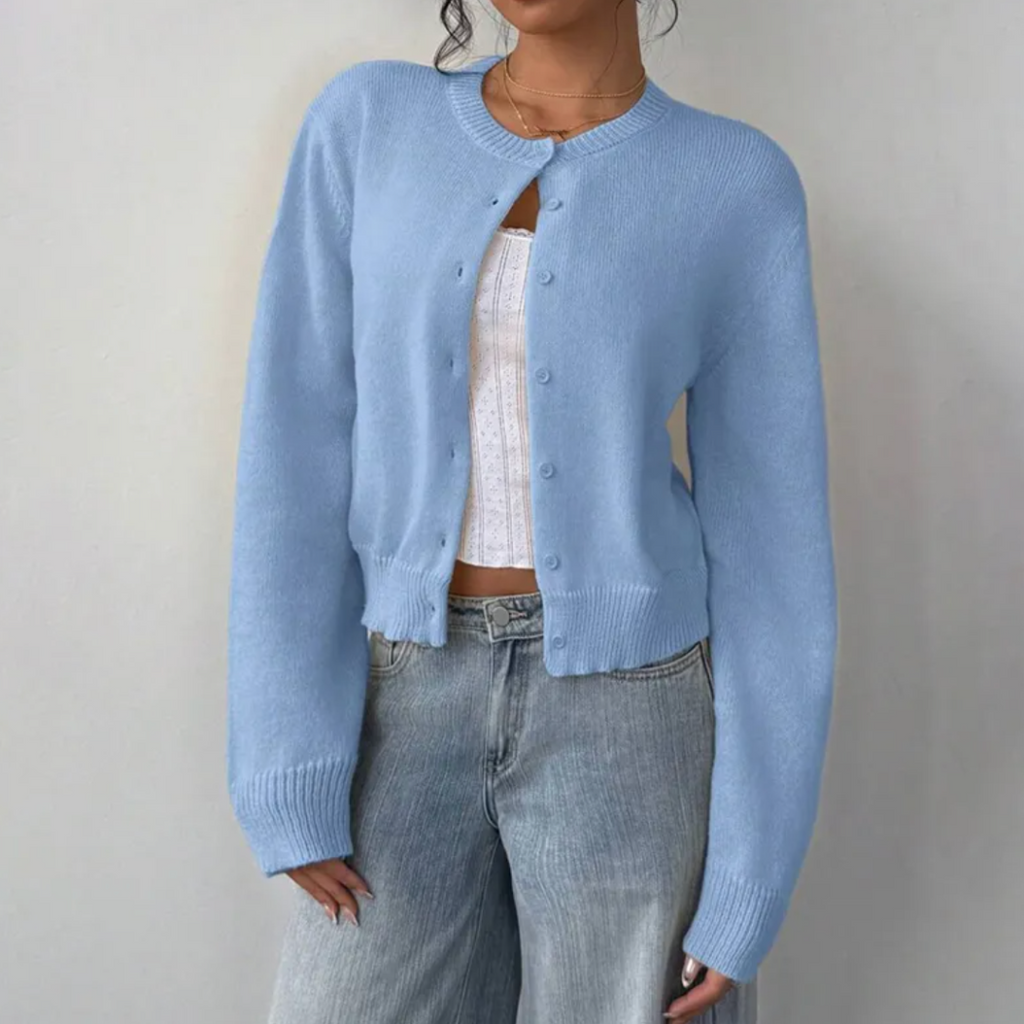 Women's Round Neck Cropped Front-Button Knit Cardigan