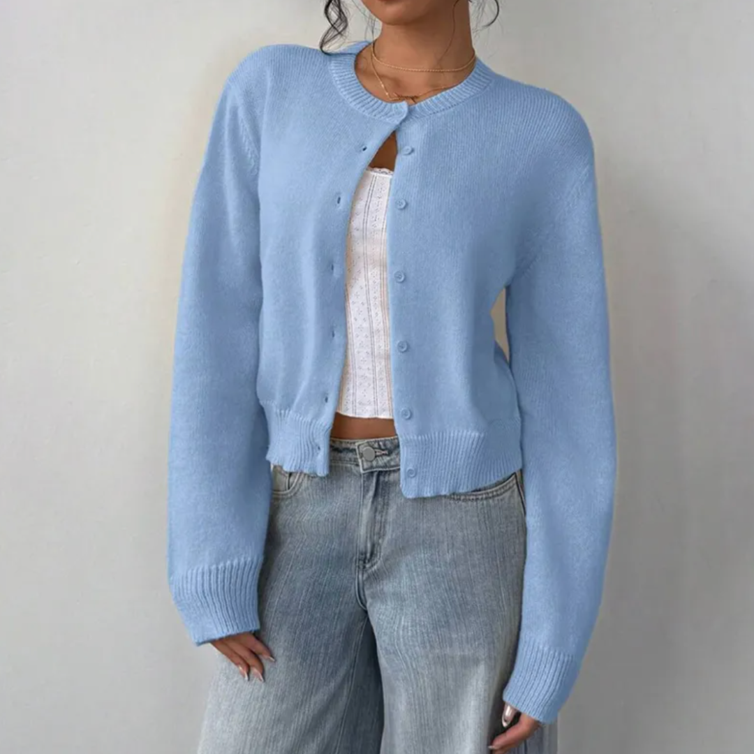 Women's Round Neck Cropped Front-Button Knit Cardigan
