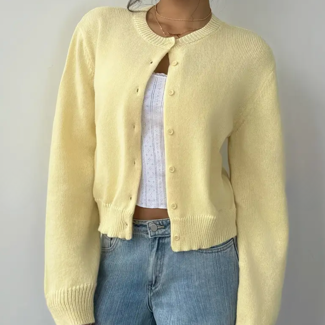 Women's Round Neck Cropped Front-Button Knit Cardigan
