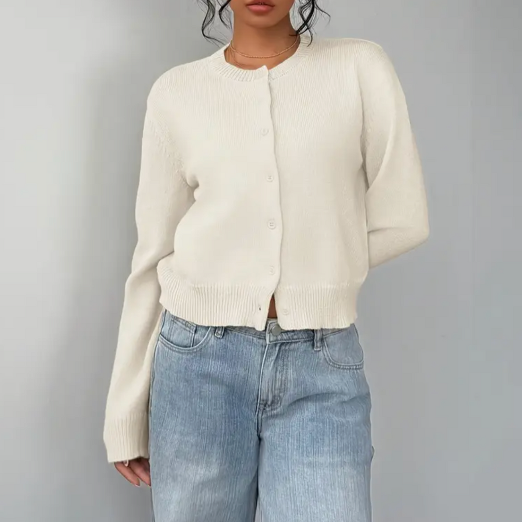 Women's Round Neck Cropped Front-Button Knit Cardigan