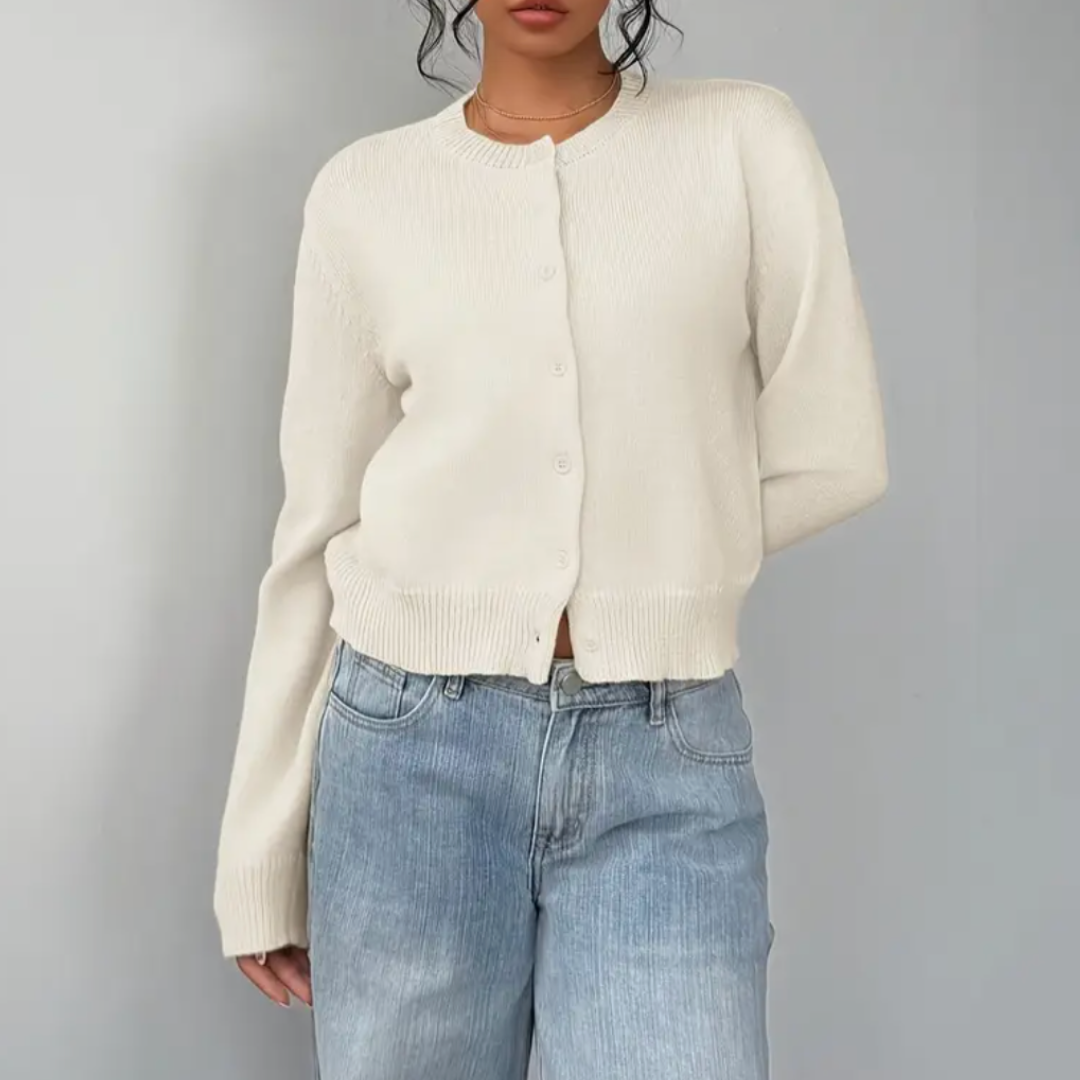 Women's Round Neck Cropped Front-Button Knit Cardigan