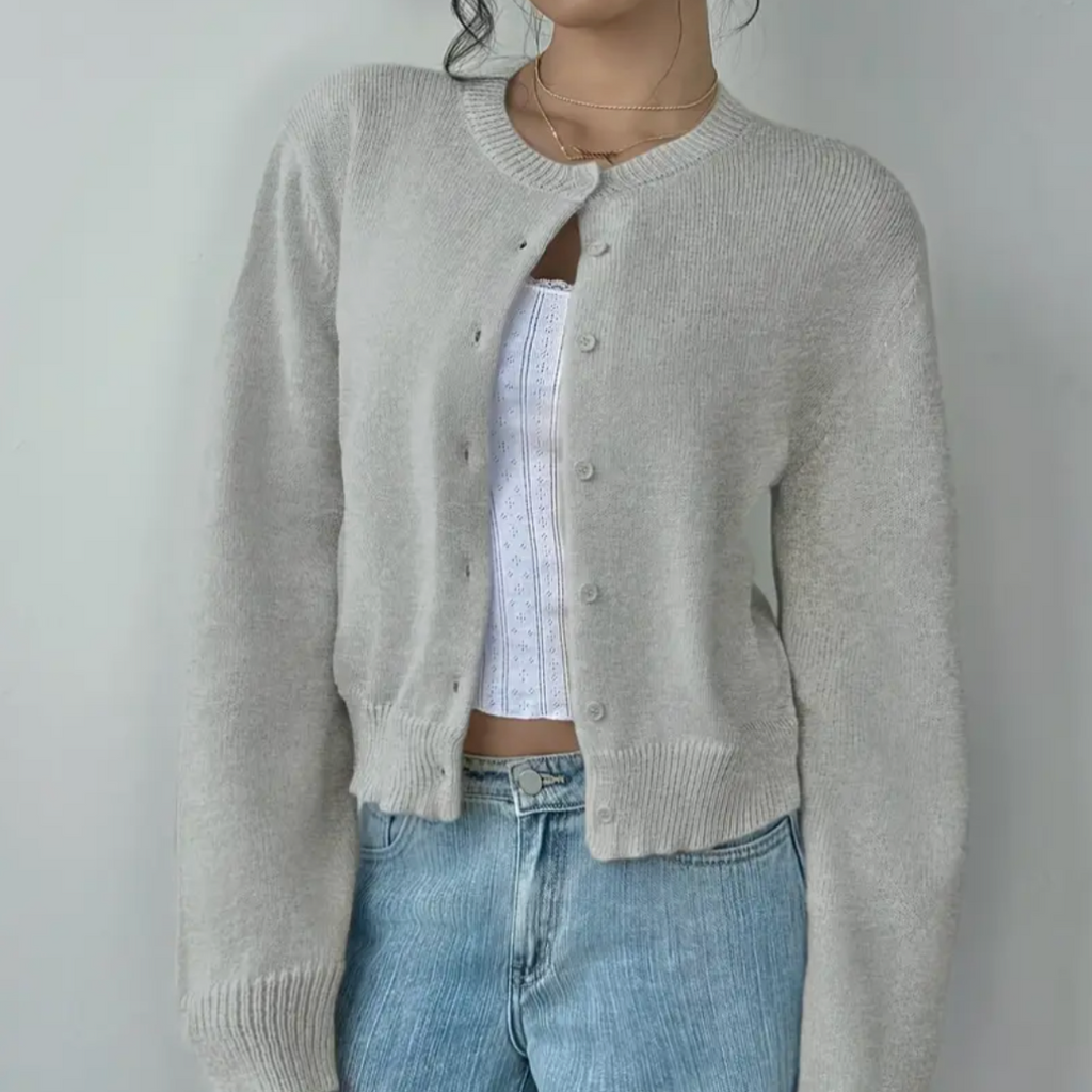 Women's Round Neck Cropped Front-Button Knit Cardigan