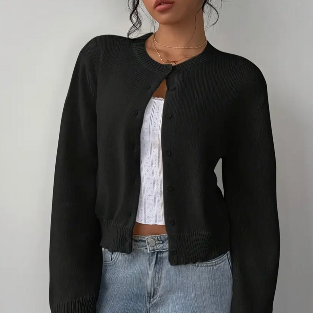 Women's Round Neck Cropped Front-Button Knit Cardigan