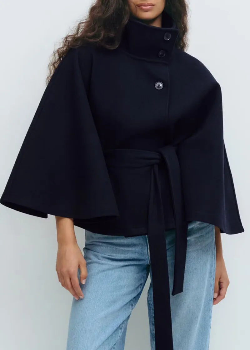 Women's High Neck Belted Cape Coat
