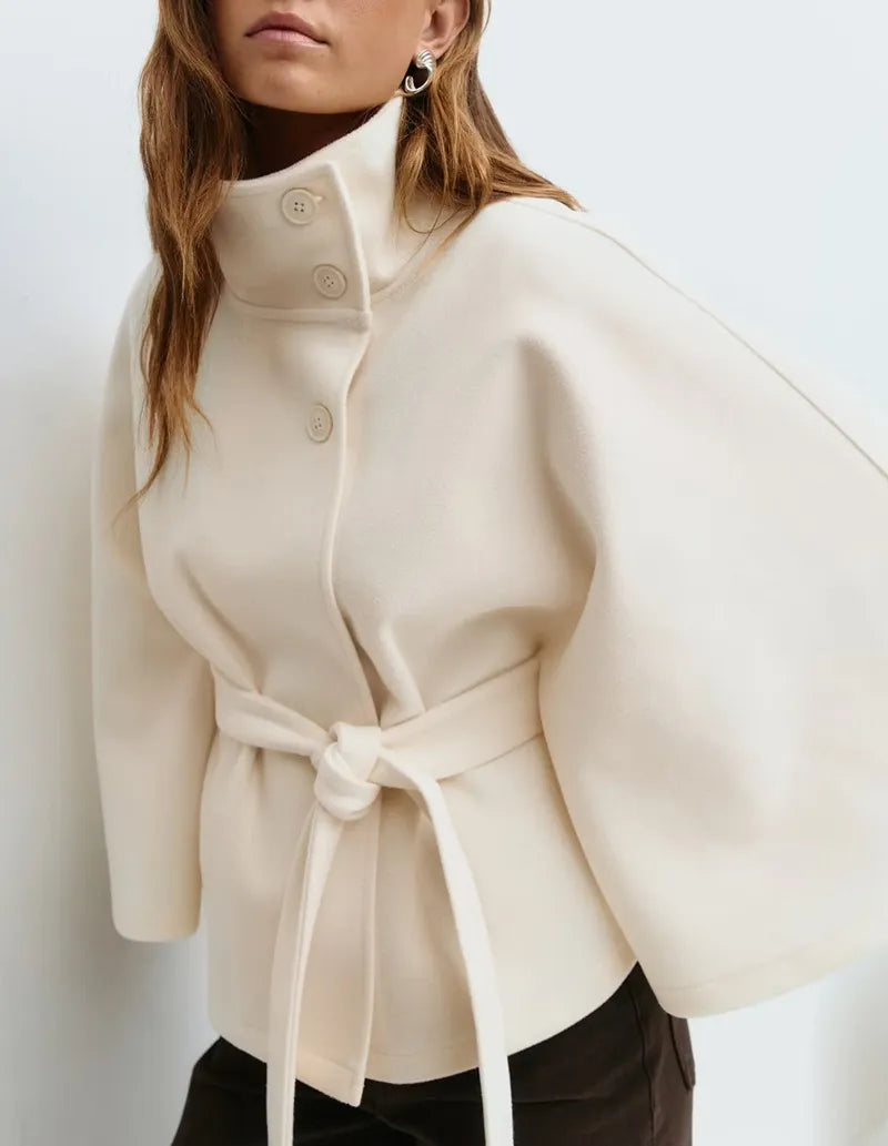 Women's High Neck Belted Cape Coat